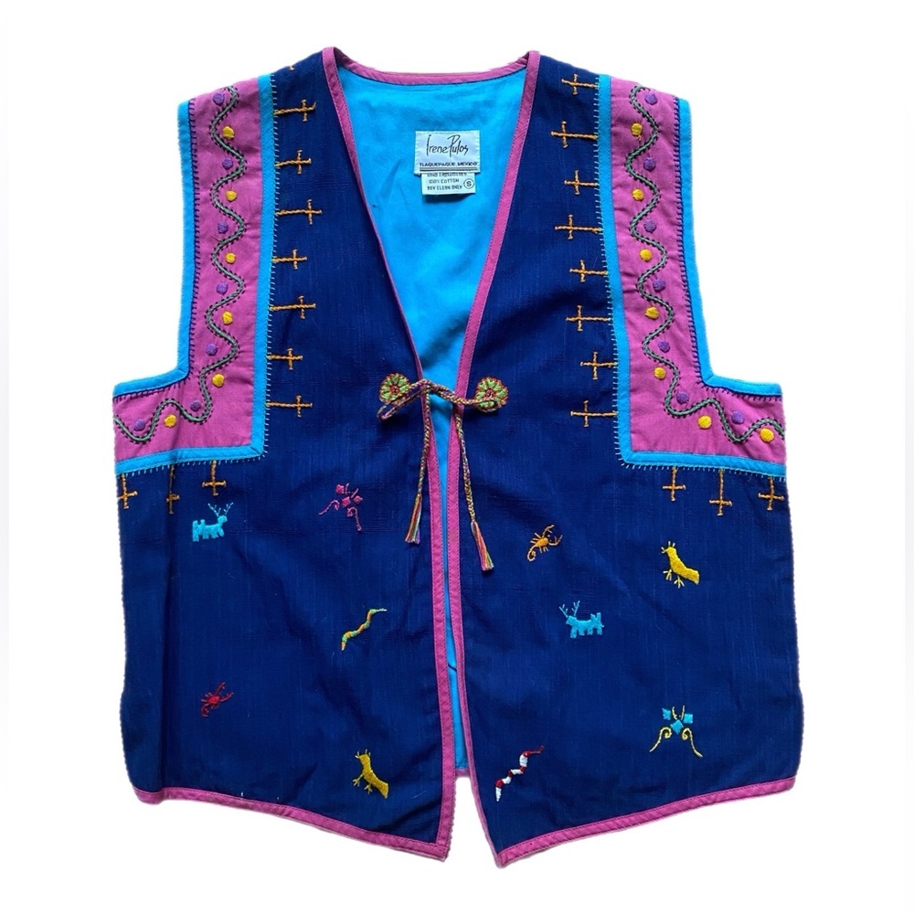 Vintage Boho Hippie Embroidered Vest with Pink Trim Small